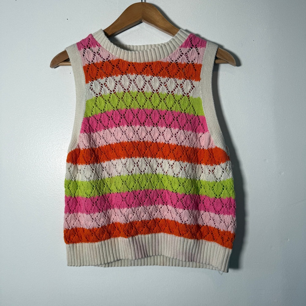Stradivarius Womens Striped Pointelle Knit Sweater Vest Pink Orange Green Size S